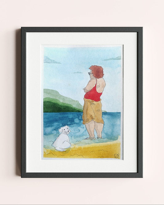 Baigneuse et son chien, aquarelle originale, 21 x 30 cm