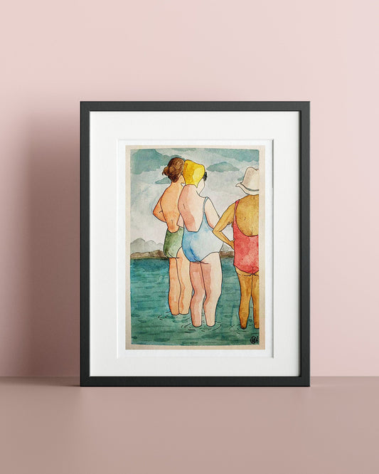 3 baigneuses, aquarelle originale, 21 x 30 cm