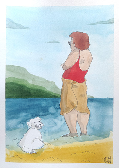 Baigneuse et son chien, aquarelle originale, 21 x 30 cm
