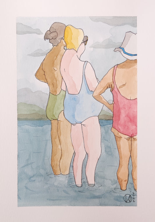 3 baigneuses, aquarelle originale, 21 x 30 cm
